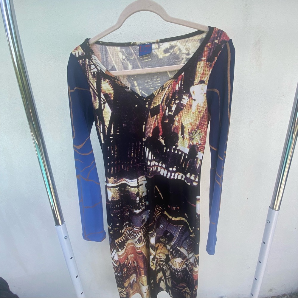 Y2K UZ Rio Black Multicolor Graphic & Blue Mesh Bodycon Dress Size Medium